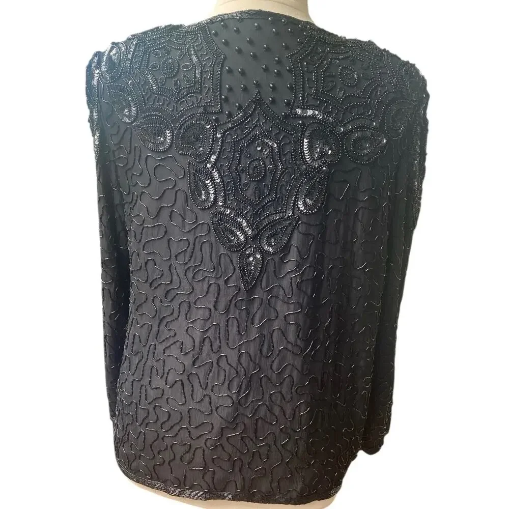 Adrianna Papell Evening Black Silk Beaded Jacket XL Sequins Formal Event Holiday